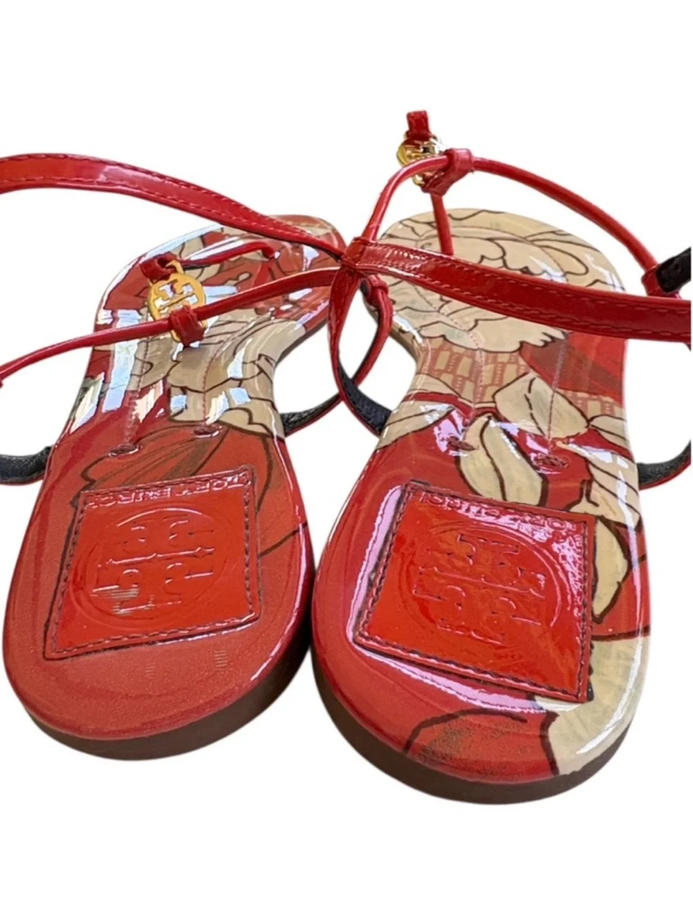 Tory Burch Leather Emmy T-Strap Sandals Floral Size 7.5
